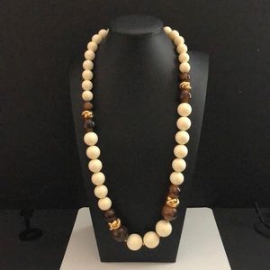 Vintage Graduated Bead Necklace 29” Ivory Brown Gold Tone